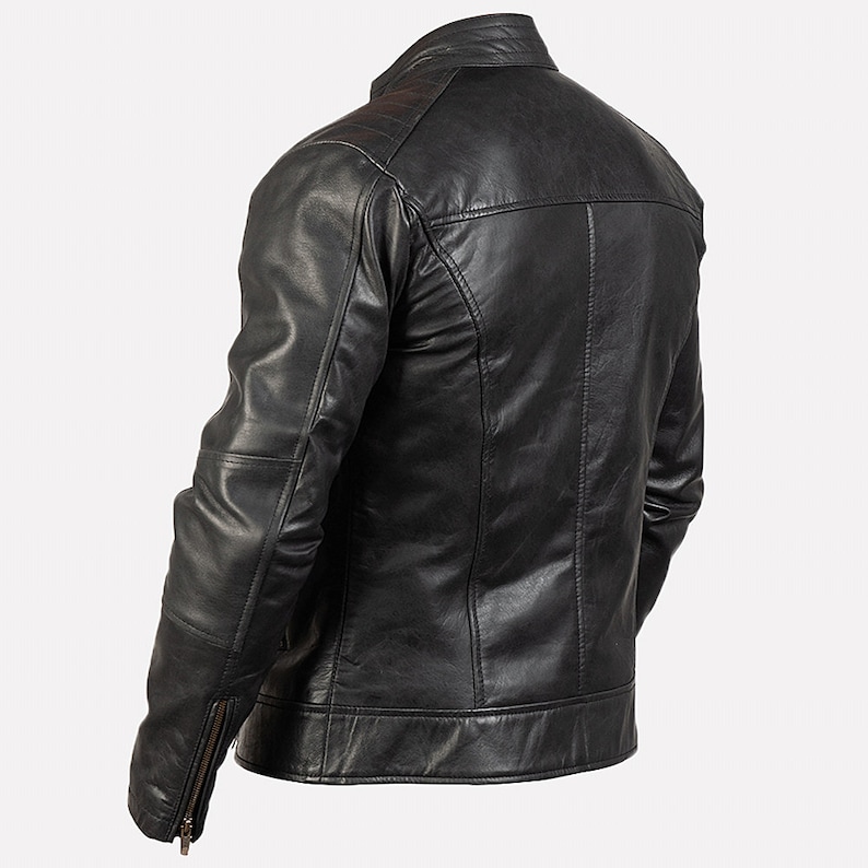 Black Leather Motorcycle Jacket With Snap Button And Zipper Closure Black Leather Moto Jacket Cafe Racer Biker Jacket Black Motorbike Jacket