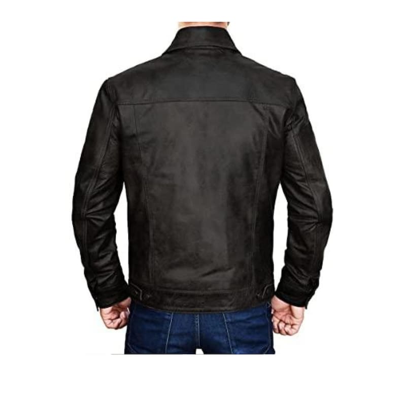 Trucker Black Leather Motorcycle Jacket With Button Closure Mens Trucker Jacket Black Biker Leather Jacket Black Waxed Motorcycle Jacket Men