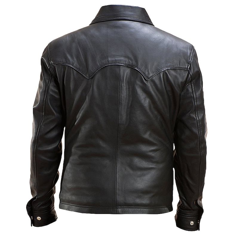 Black Leather Biker Jacket With Shirt Collar And Button Closure Mens Black Leather Motorcycle Jacket Cafe Racer Leather Jacket Mens Black