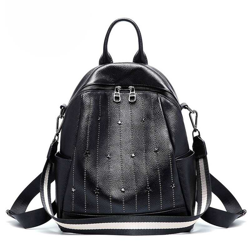 100% prawdziwej skory codzienny plecak na co dzien dla kobiet nity styl Preppy tornister wysokiej jakosci czarny podrozy torba na plaze