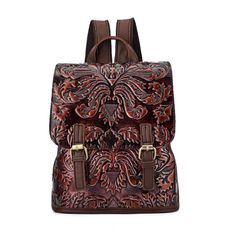 Oil Wax Cowhide WOMEN Rucksack Knapsack School Bag Luxury Genuine Leather Rose Floral Embossed Female Daypack Travel Backpack