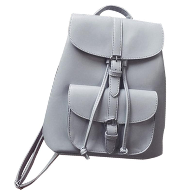 Fashionable WOMEN 's Pull Rope Pu Leather Backpack Belt Decoration Schoolbag Student Shoulder Bag(Light Grey)