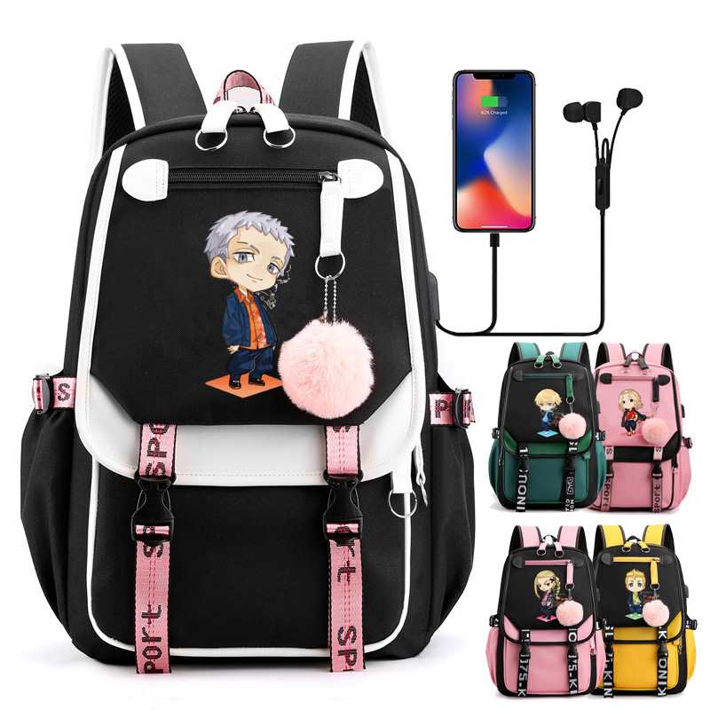 Anime tokio Revengers dziewczyny plecak szkolny Usb Charge kobiety plecaki wodoodporne torby podrozne z zabezpieczeniem przeciw kradziezy Street Cool Anime torby