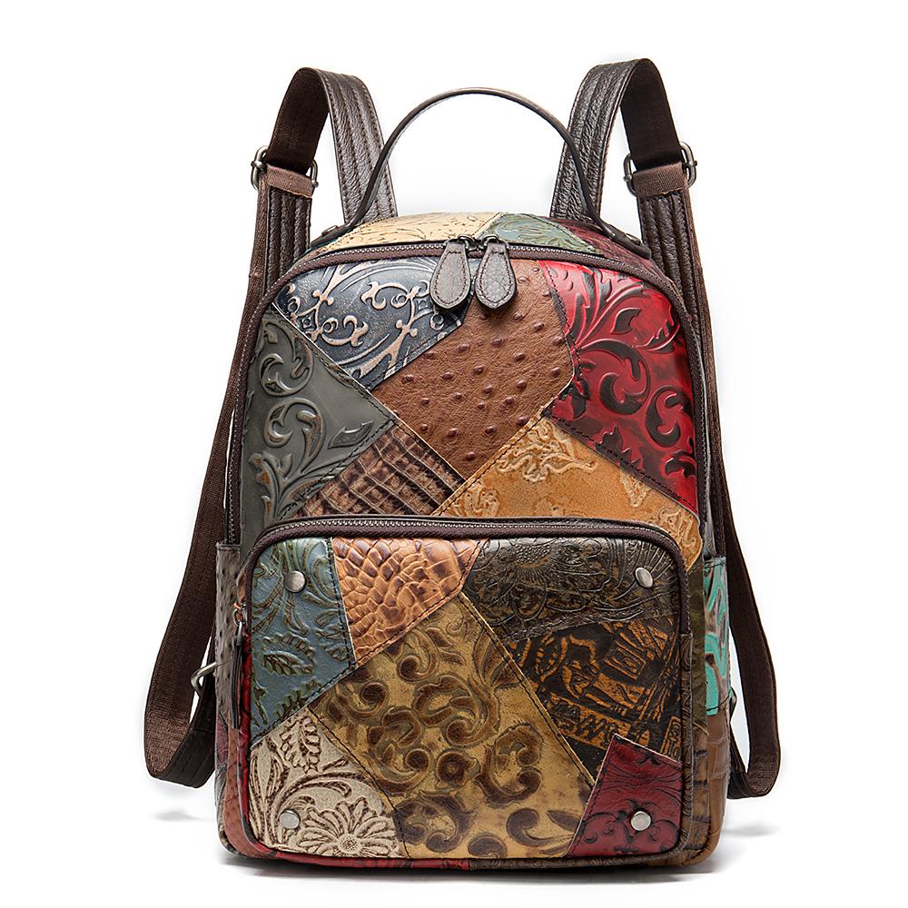 Real Cowhide Travel Bag Knapsack Rucksack Bohemian Vintage National Style Genuine Embossed Leather WOMEN Backpack Female Daypack