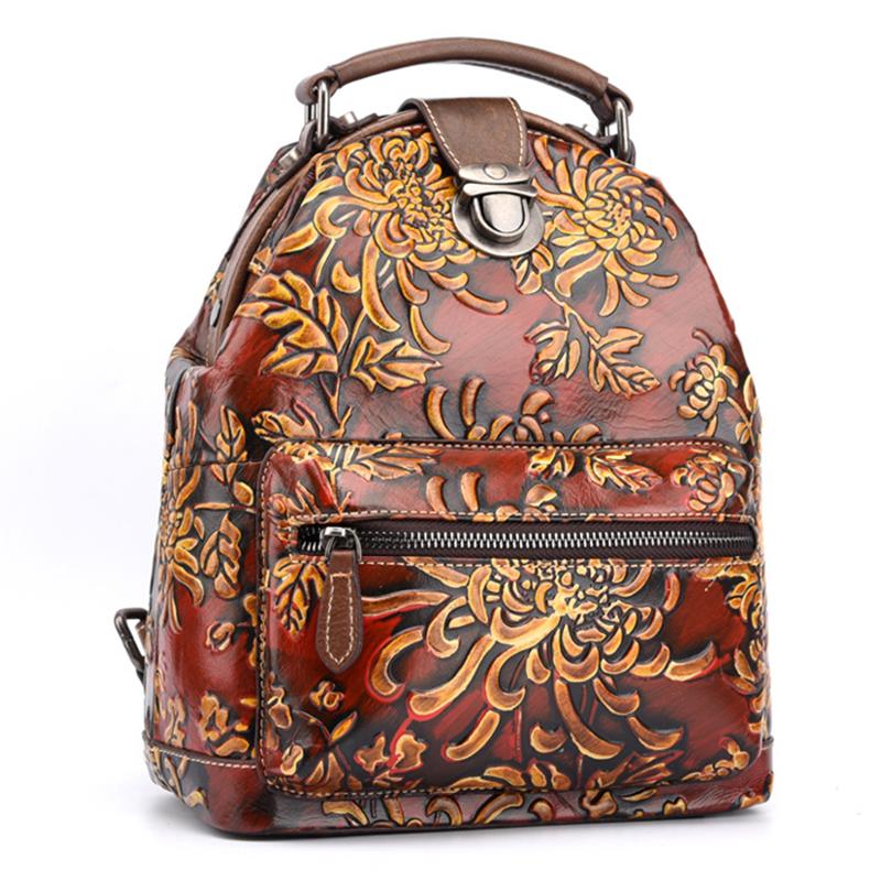 WOMEN Natural Skin Rucksack Knapsack Embossed Brush Color Floral Pattern Travel Bag Retro Genuine Leather Backpack Daypack