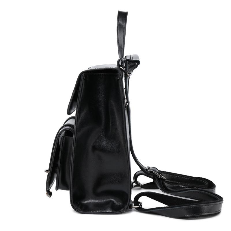 2020 New New WOMEN Solid Color Oil Wax Leather Backpack Student Fashion Leisure Book Bag Travel Black Small Back pack