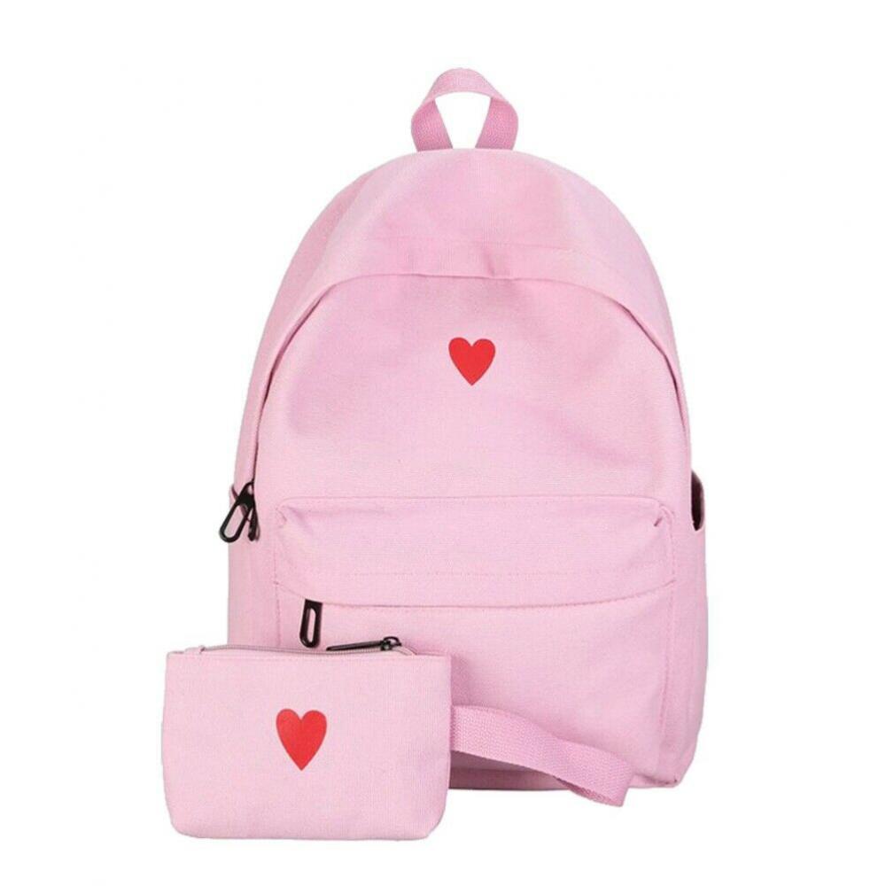 2020 New Canvas School Bags WOMEN 2 piece Backpack Set Ladies Girls Fashion Heart Pattern Schoolbag Set