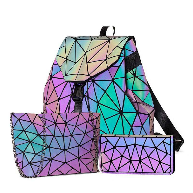 damski zestaw z plecakiem swietlny geometryczny cekinowy worek damski Bagpack odblaskowe torby holograficzne