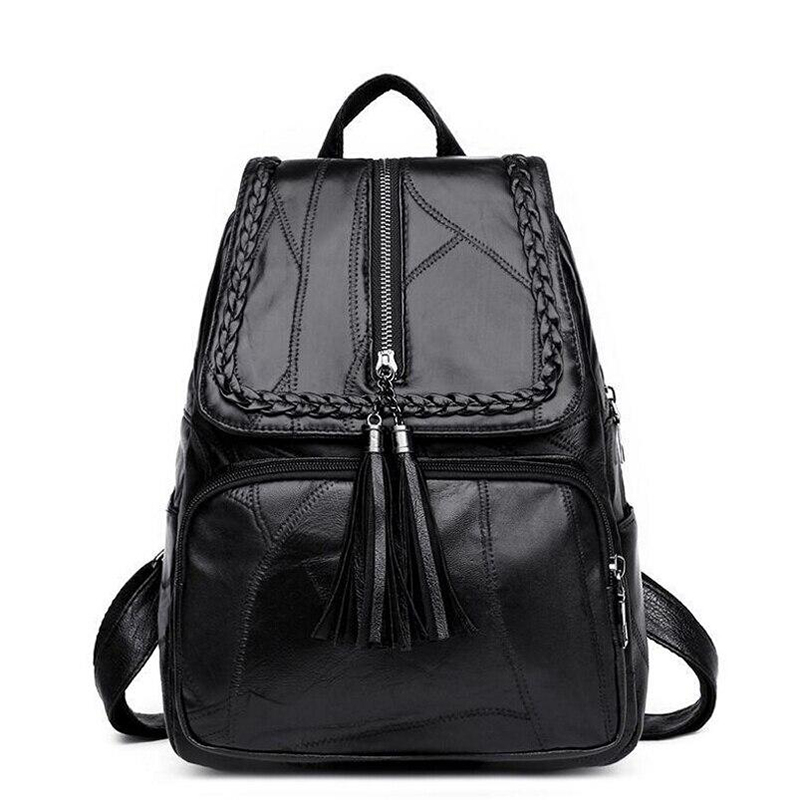 New Brand WOMEN Girl Backpack Travel PU Satchel Leather Rucksack Shoulder School Solid Black Tassel Bag