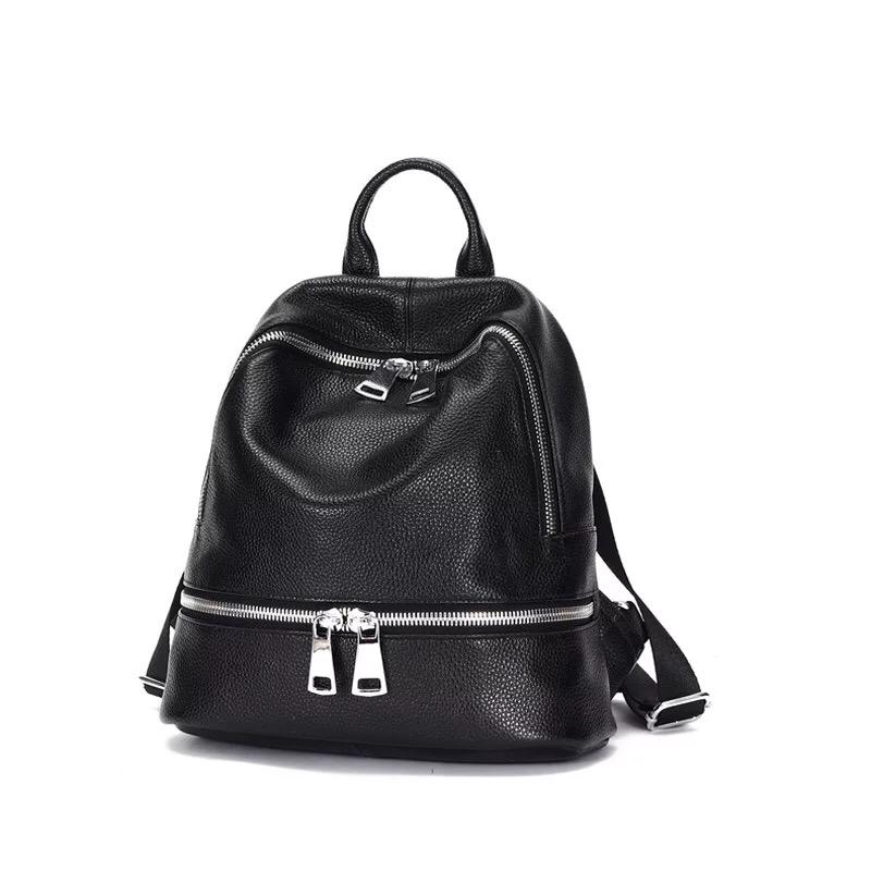 100% Genuine Leather WOMEN 's Backpacks Fashion Schoolbag For Teenage Girls Female Travel Bag Lady Multi Function Rucksack Black