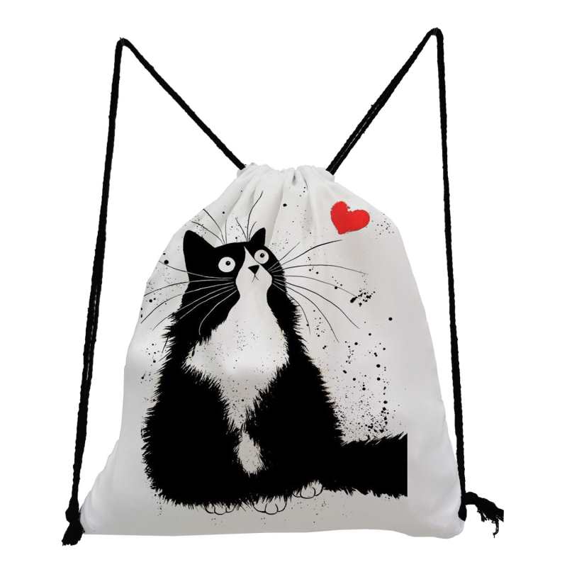 Czarny kot torba ze sznurkiem moda dziecko plecak kreskowka nastolatek Bookbag torba do przechowywania prezentow milosc torby podrozne miekka torba