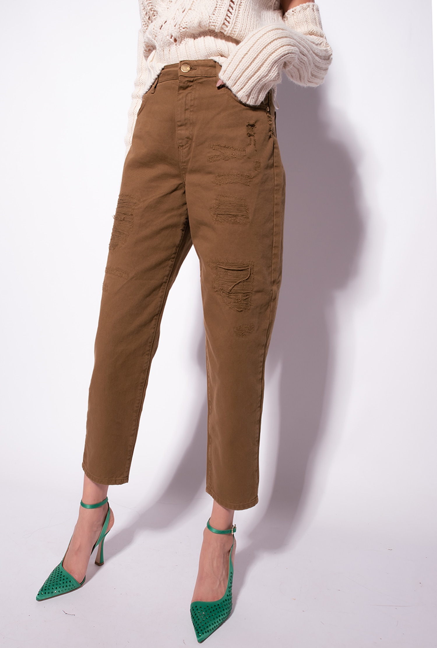 Mom-fit trousers in ripped bull fabric