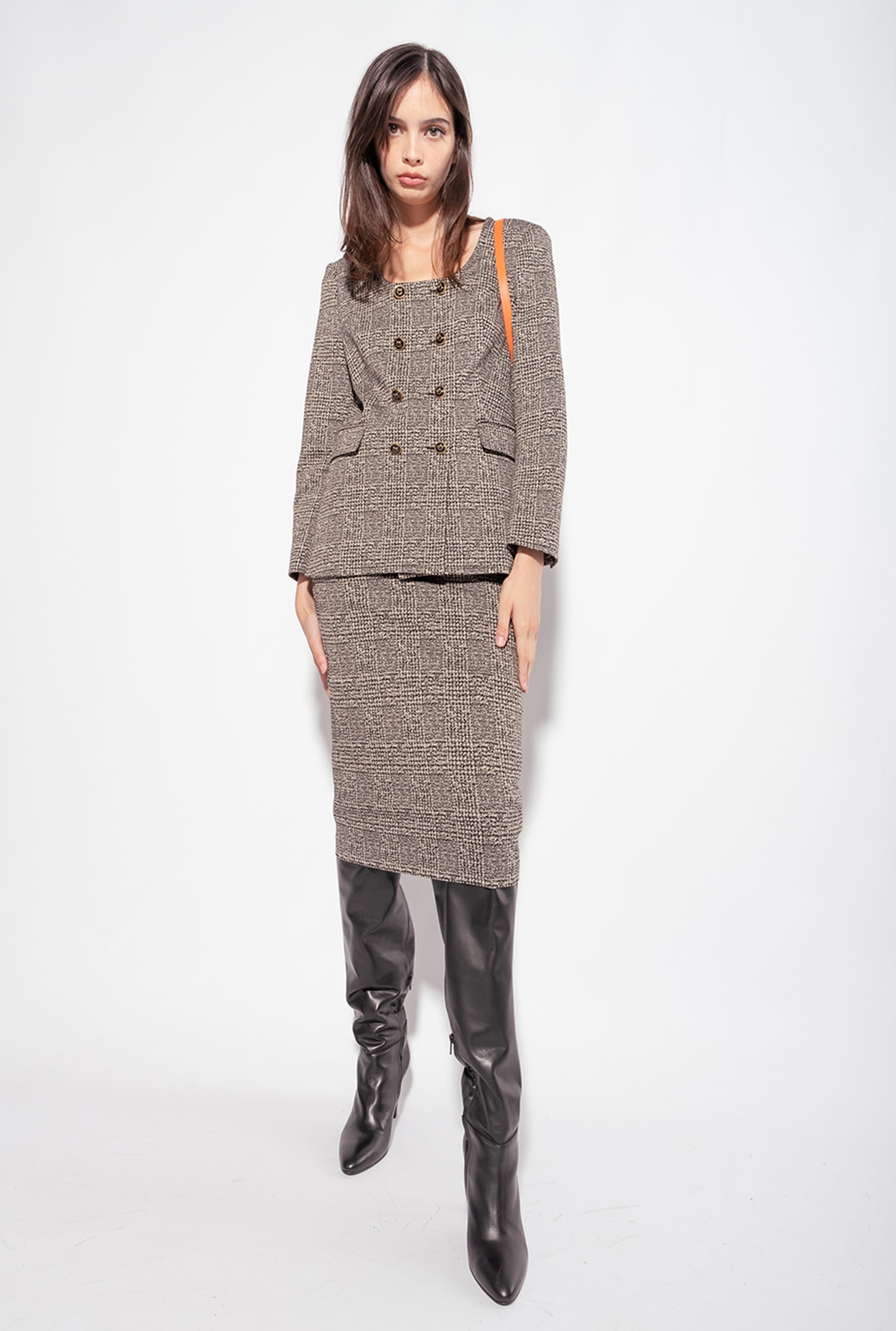 Calf-length check skirt