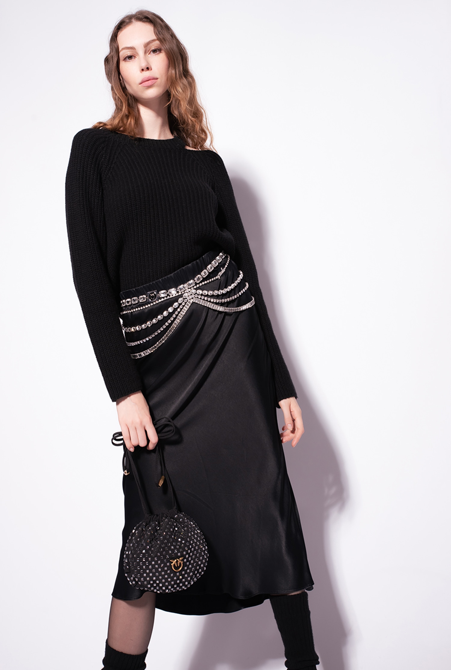 Satin skirt with jewel belt