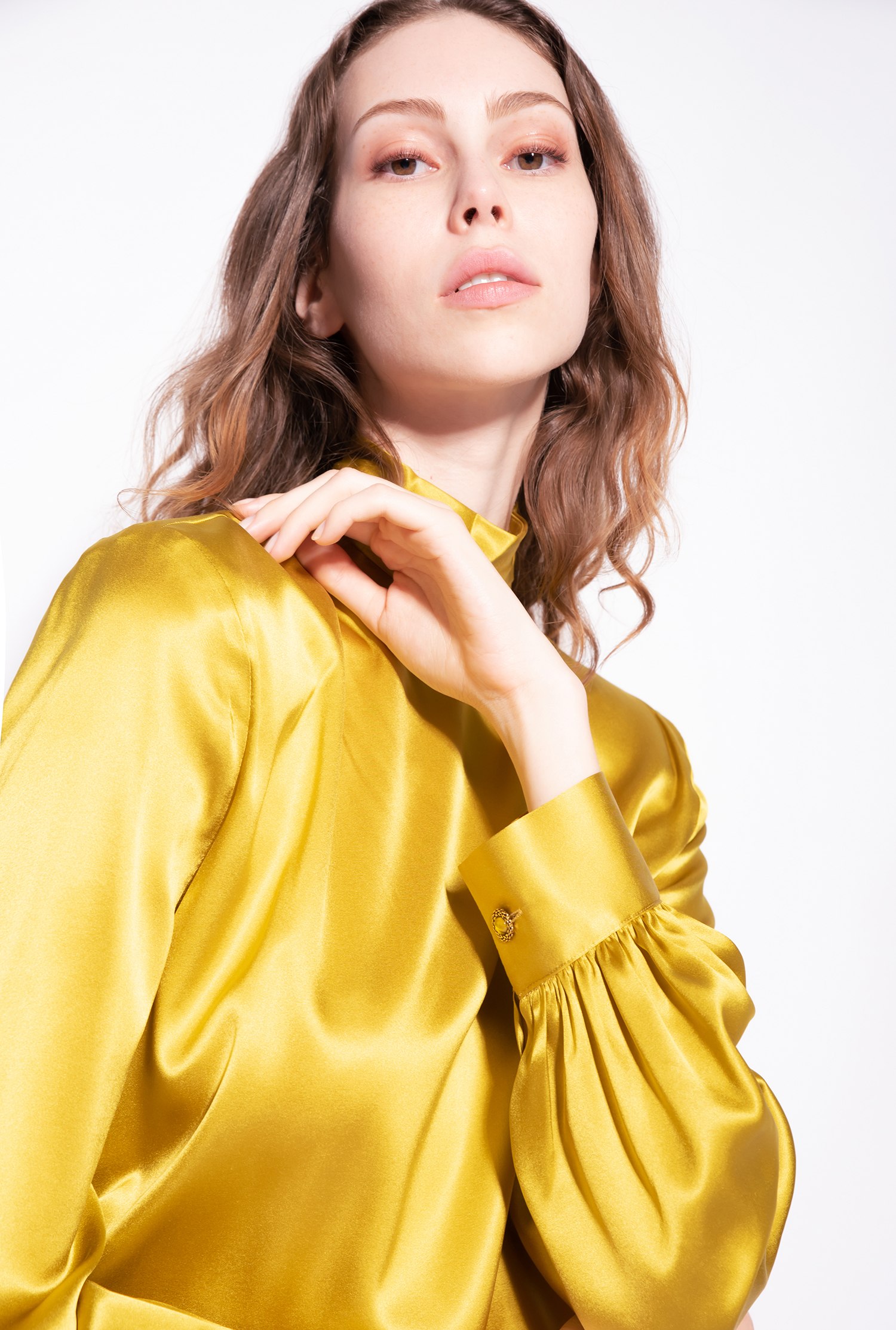 Stretch satin turtleneck blouse