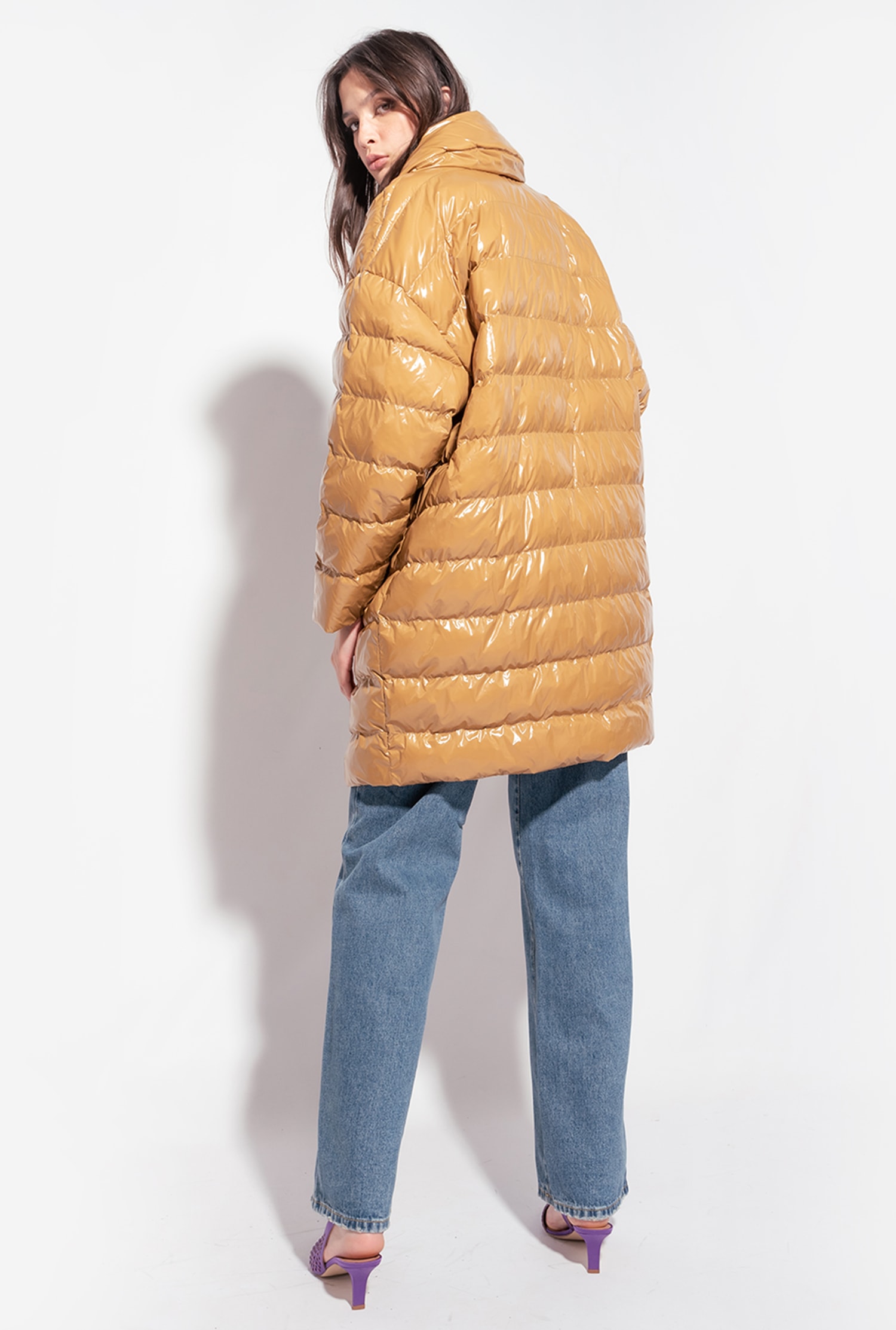 Padded crystal nylon double-breasted jacket