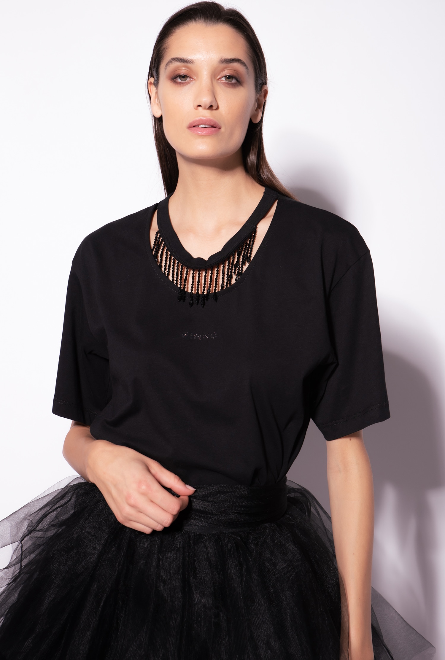 T-shirt with beads on the neck