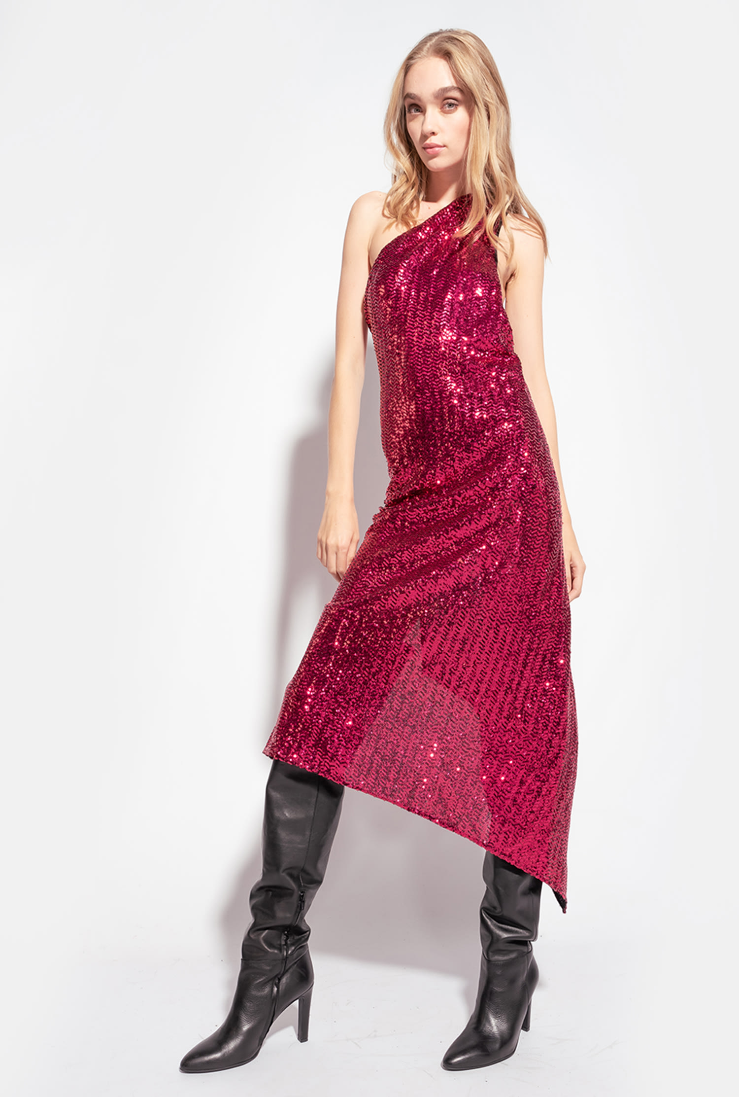 Fully sequinned one-shoulder dress