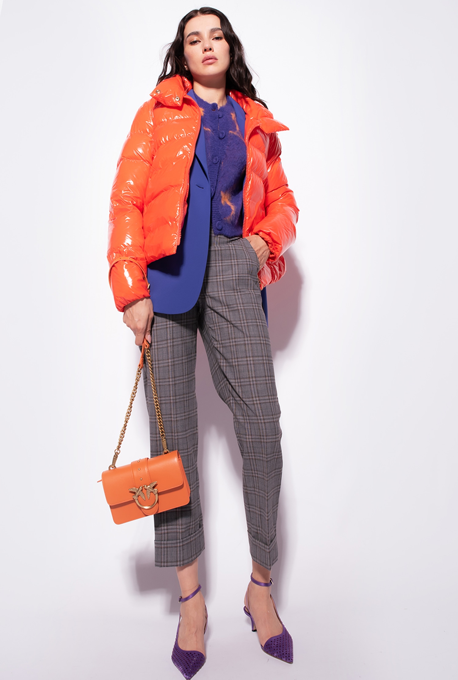 Padded crystal nylon pea jacket