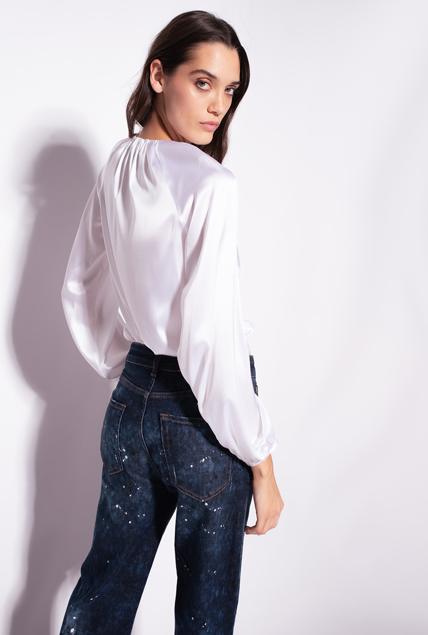 Long-sleeved stretch satin blouse