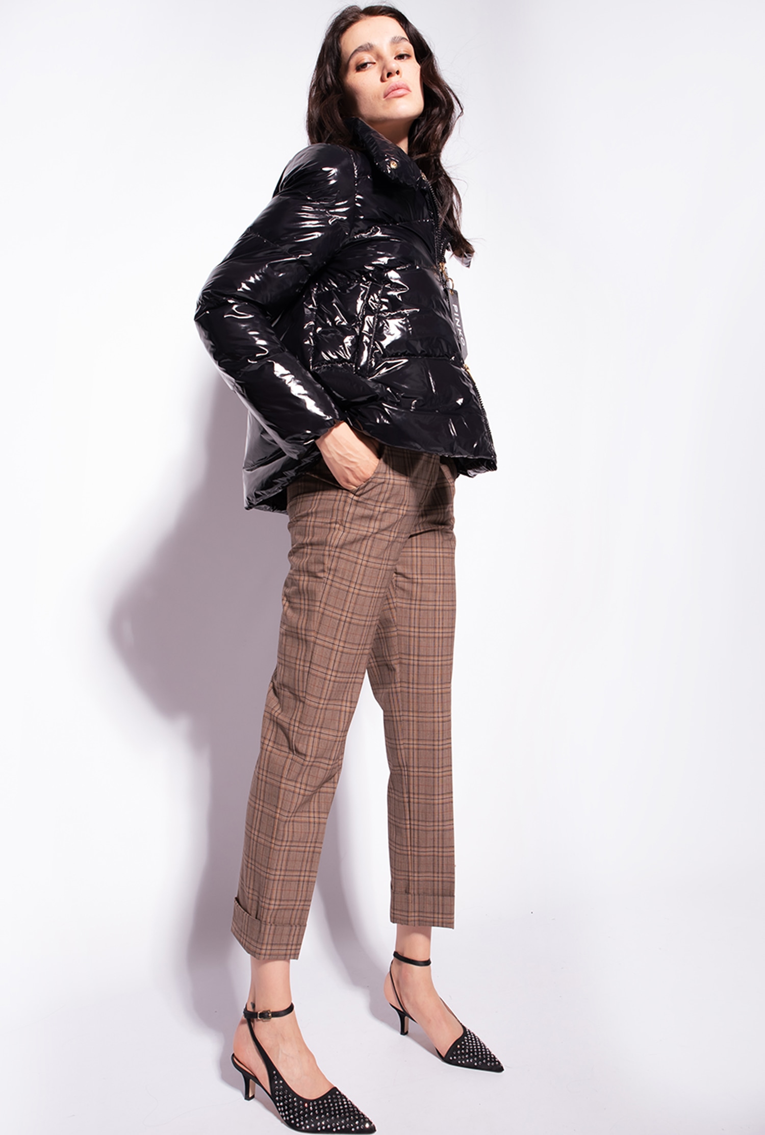 Padded crystal nylon pea jacket