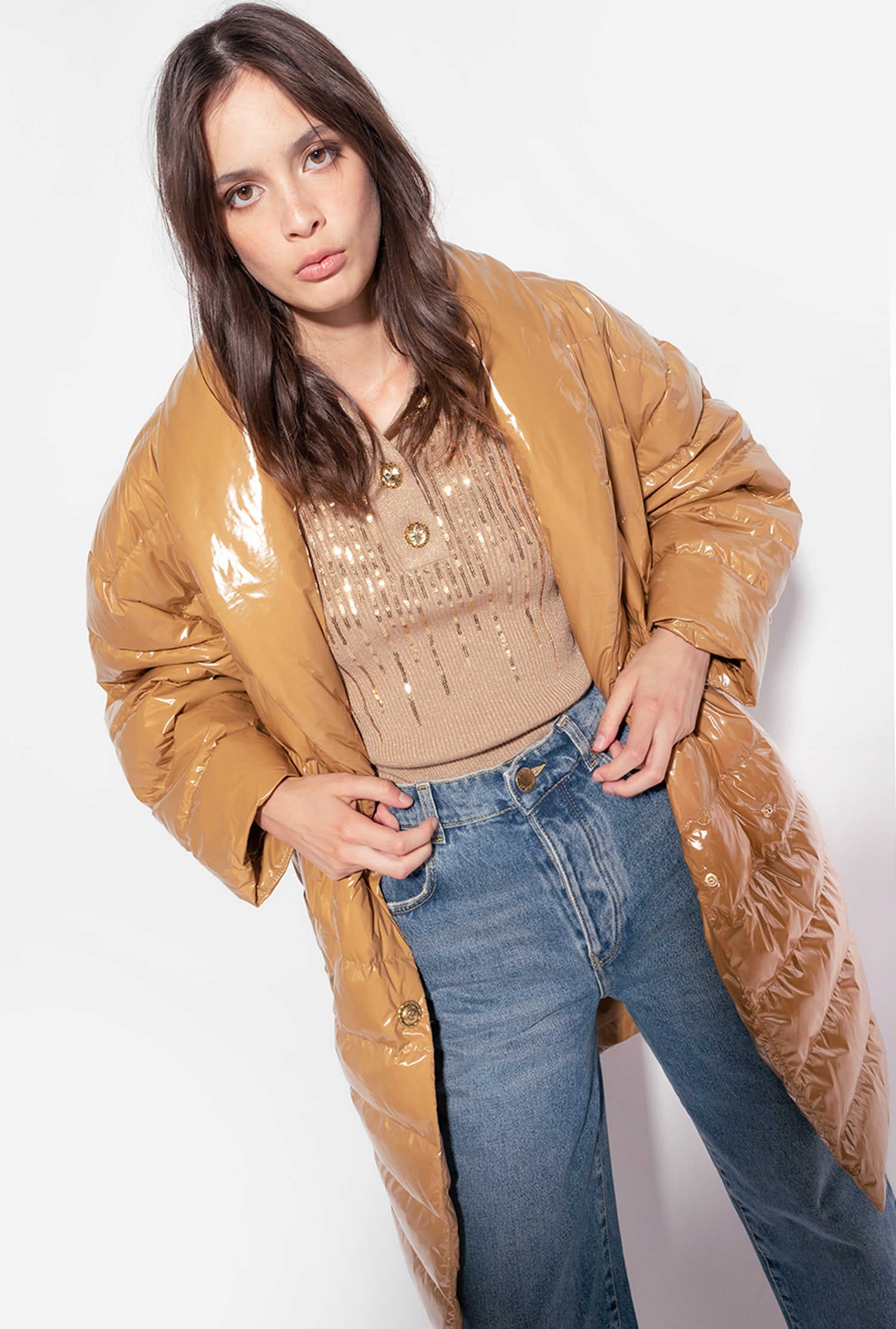 Padded crystal nylon double-breasted jacket