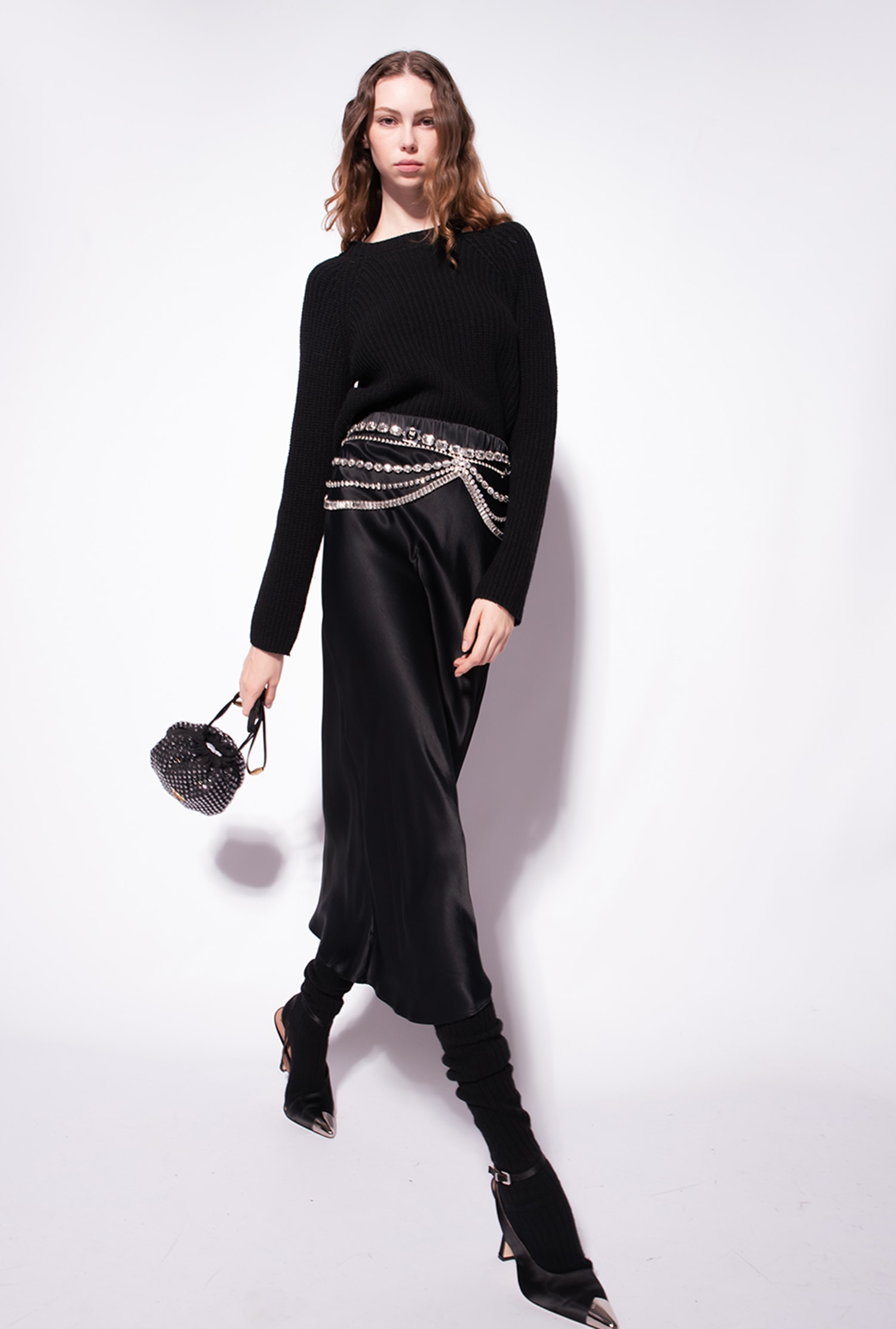 Satin skirt with jewel belt