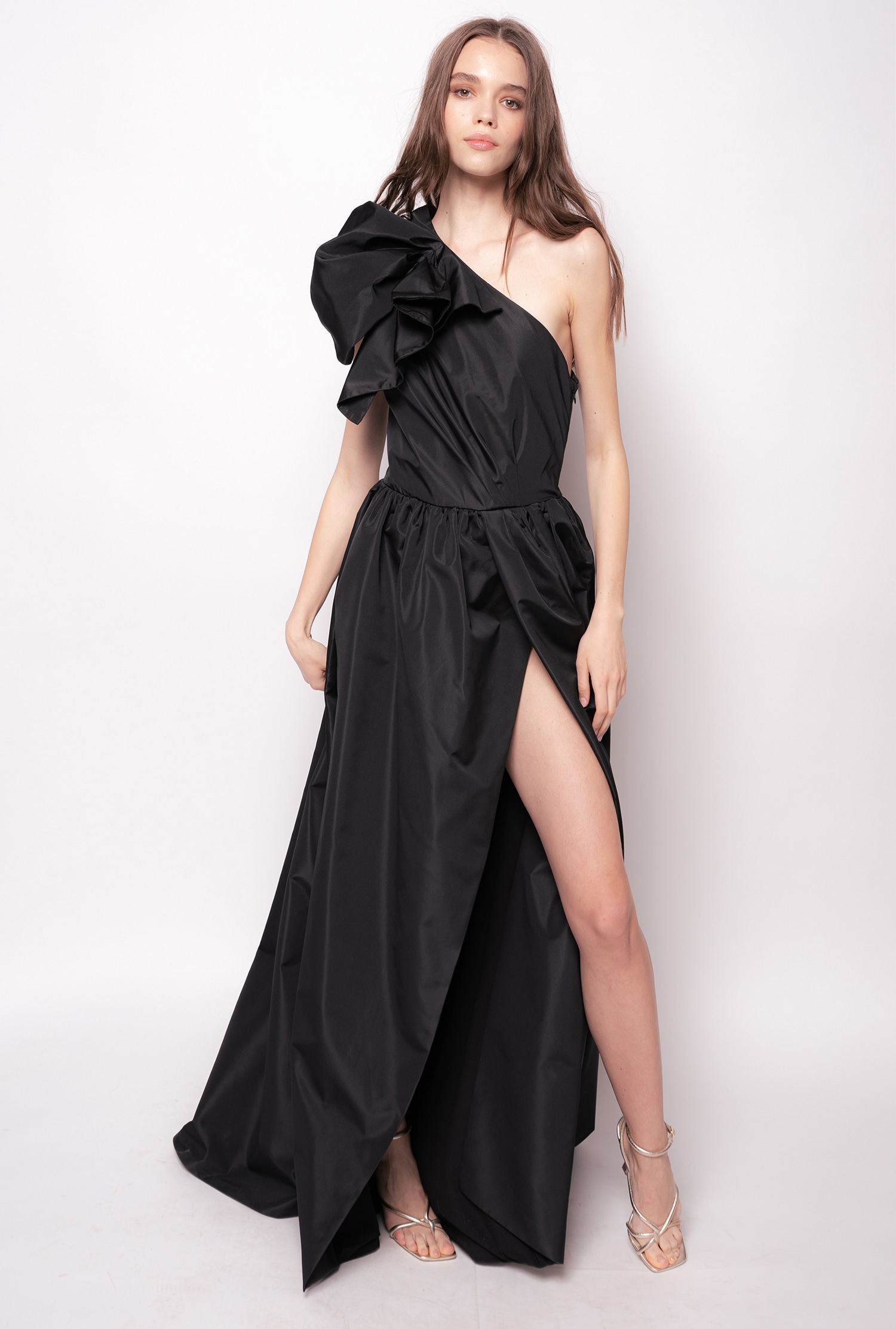 Long one-shoulder taffeta dress