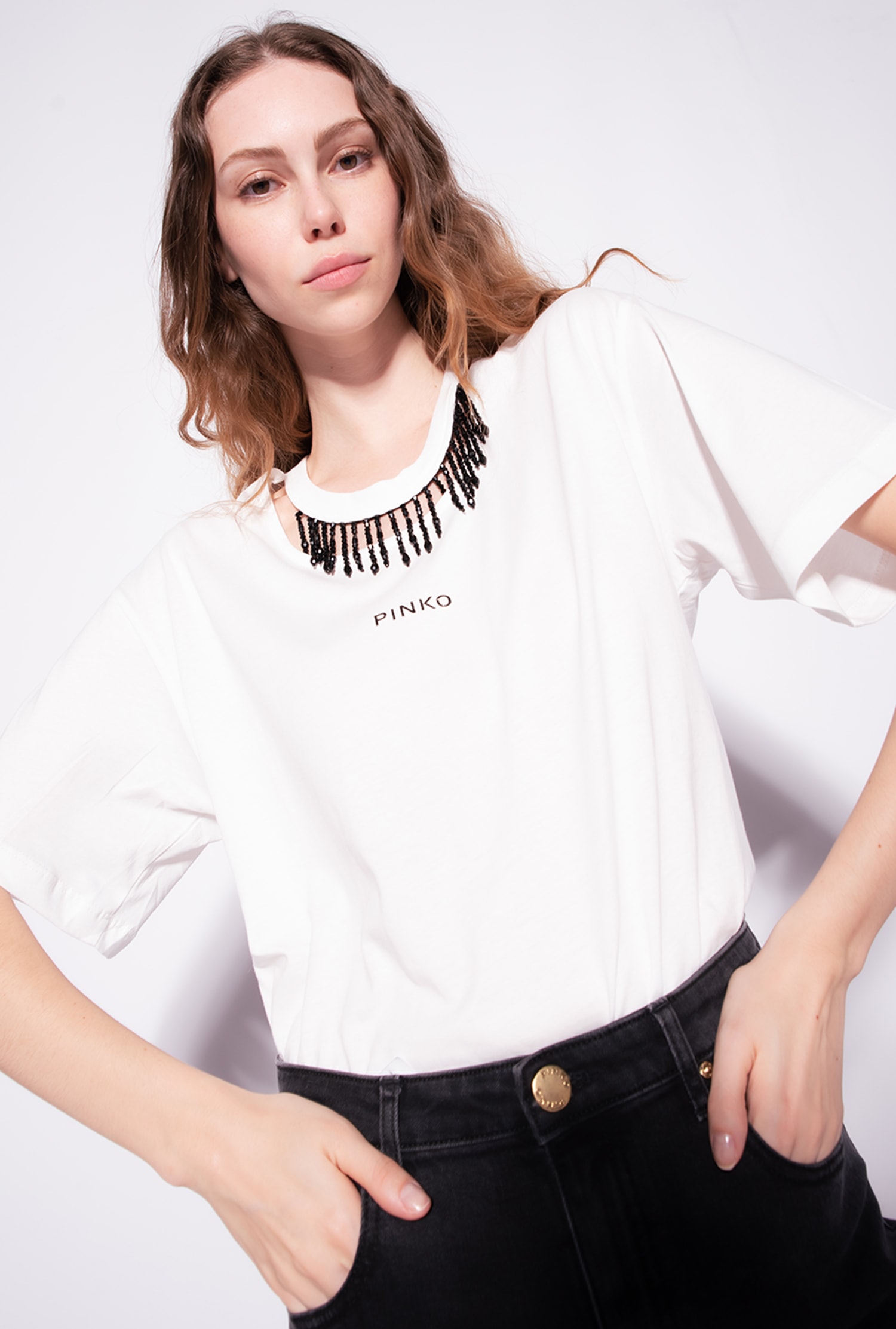 T-shirt with beads on the neck