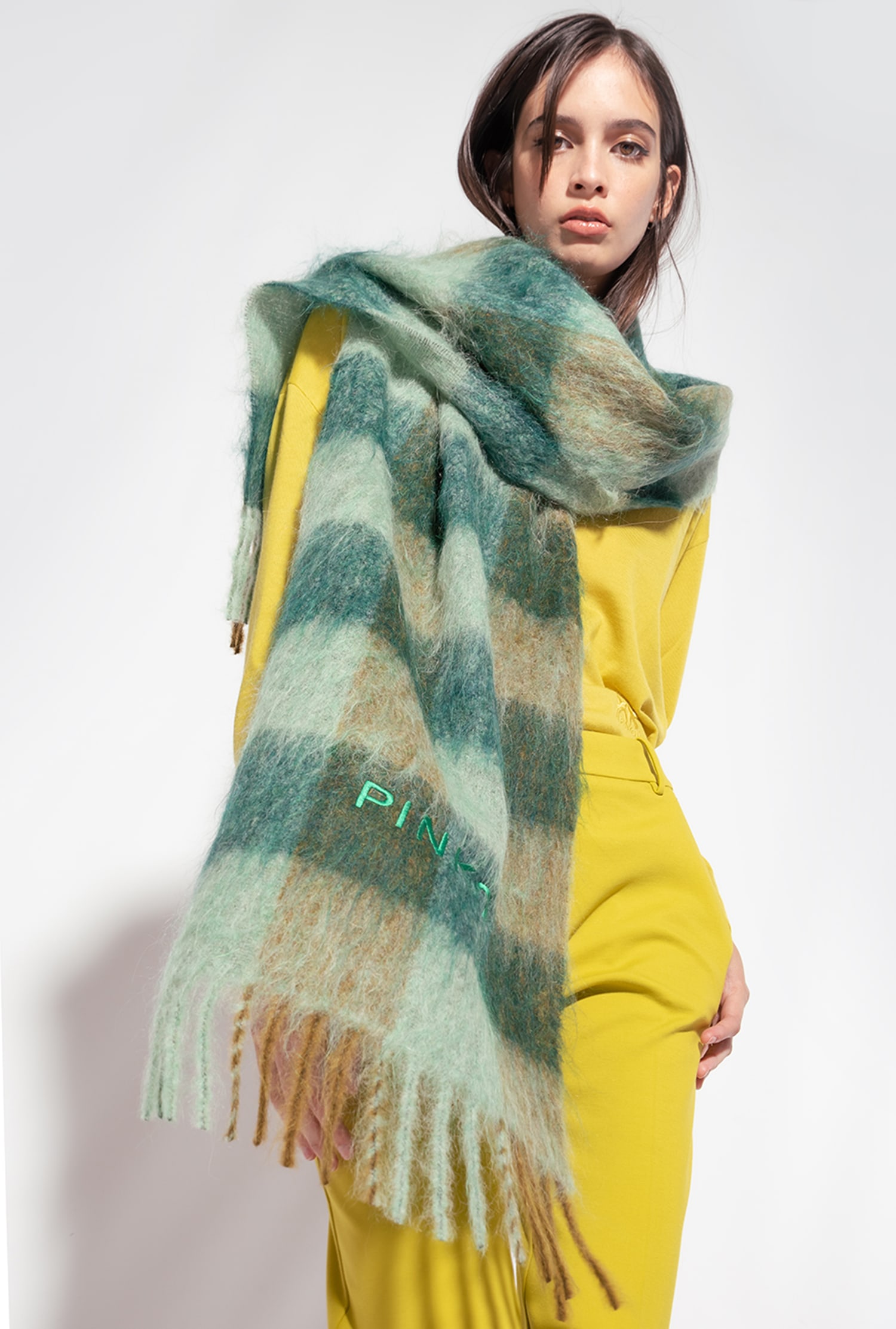 Check scarf with embroidery