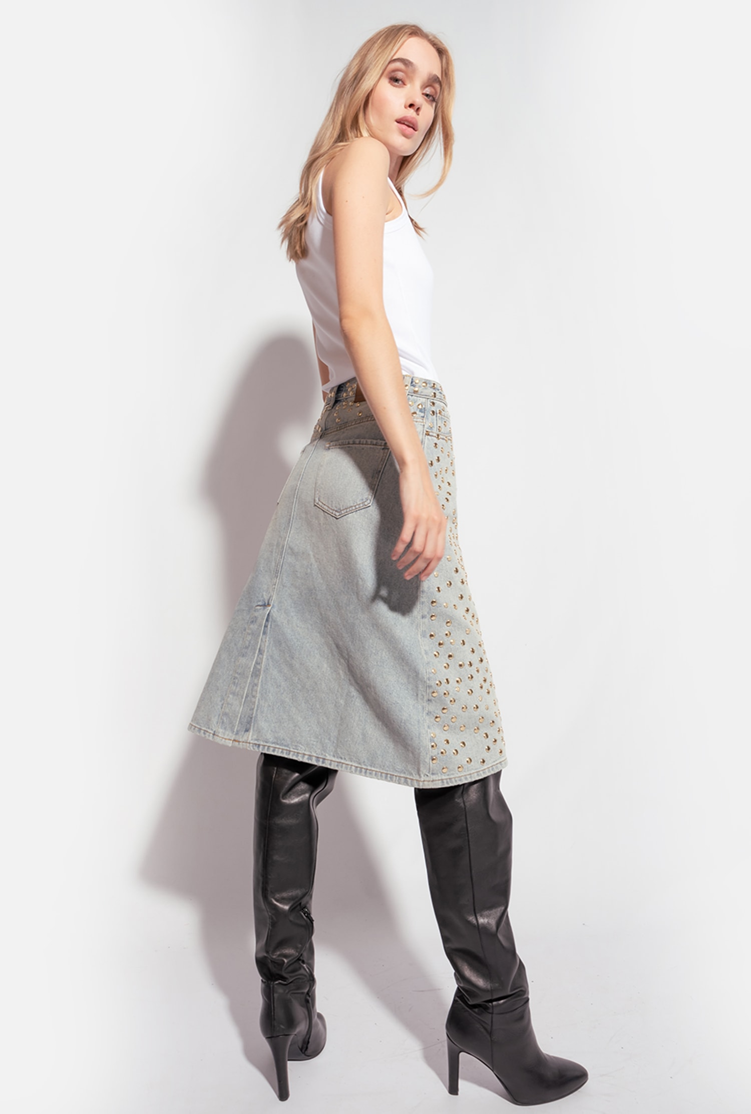 Studded denim skirt