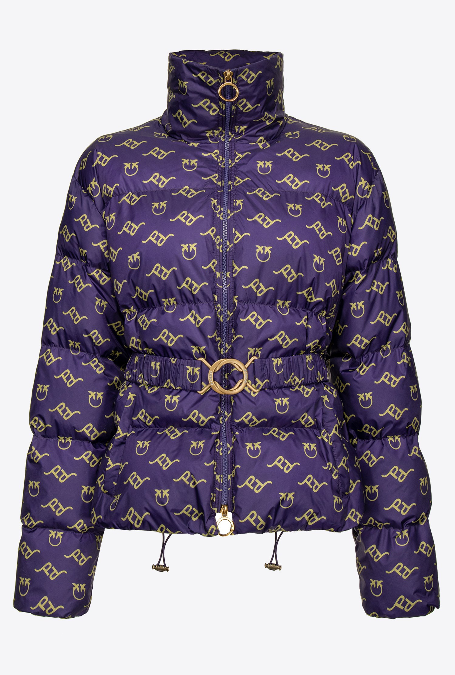 Logo print down jacket with belt