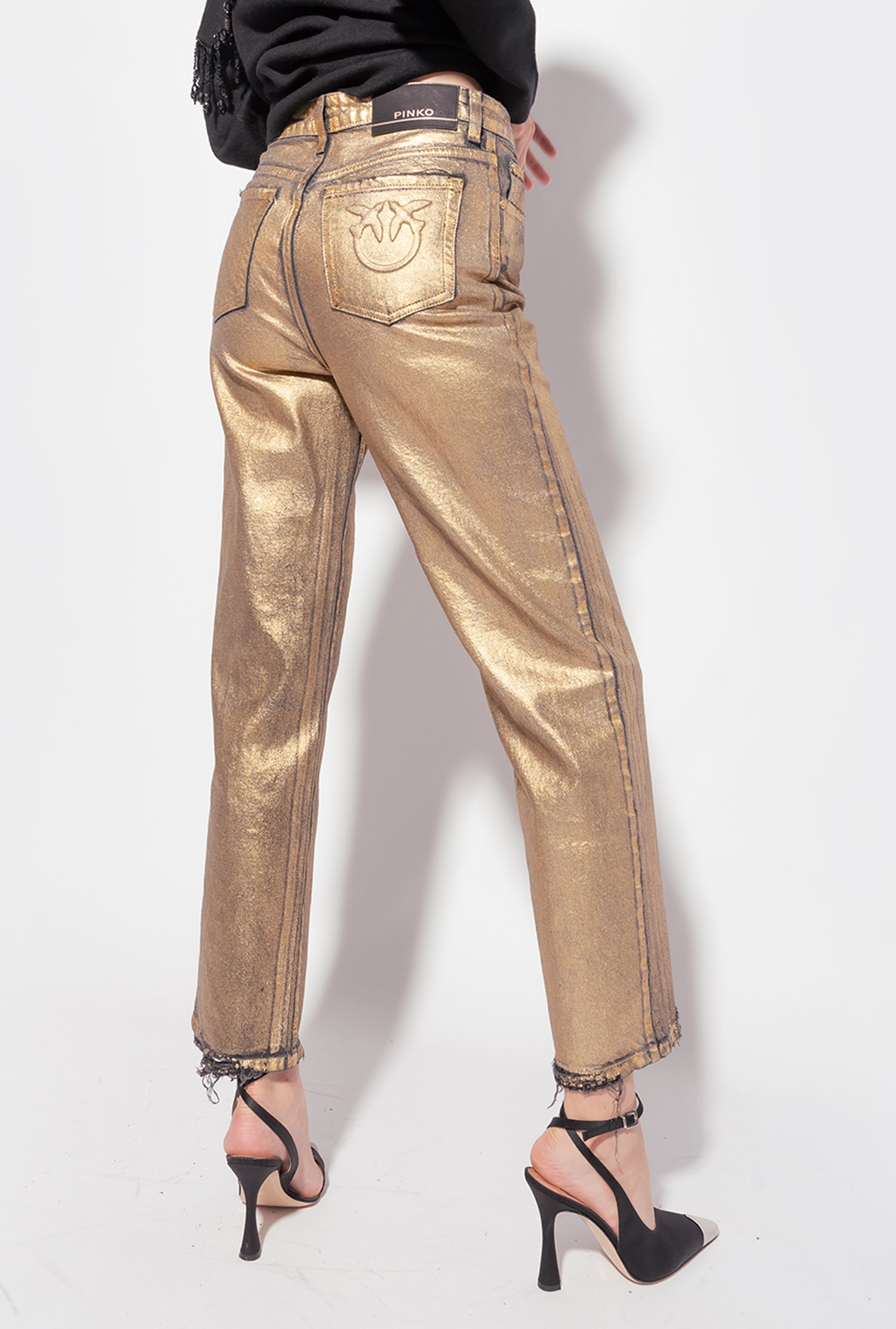 Laminated straight-cut jeans