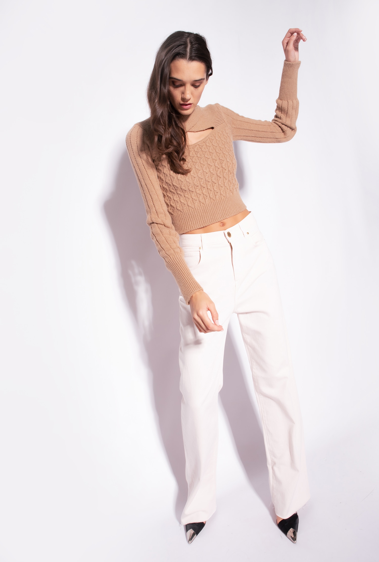 Mixed-knit pullover with cut-out detailing
