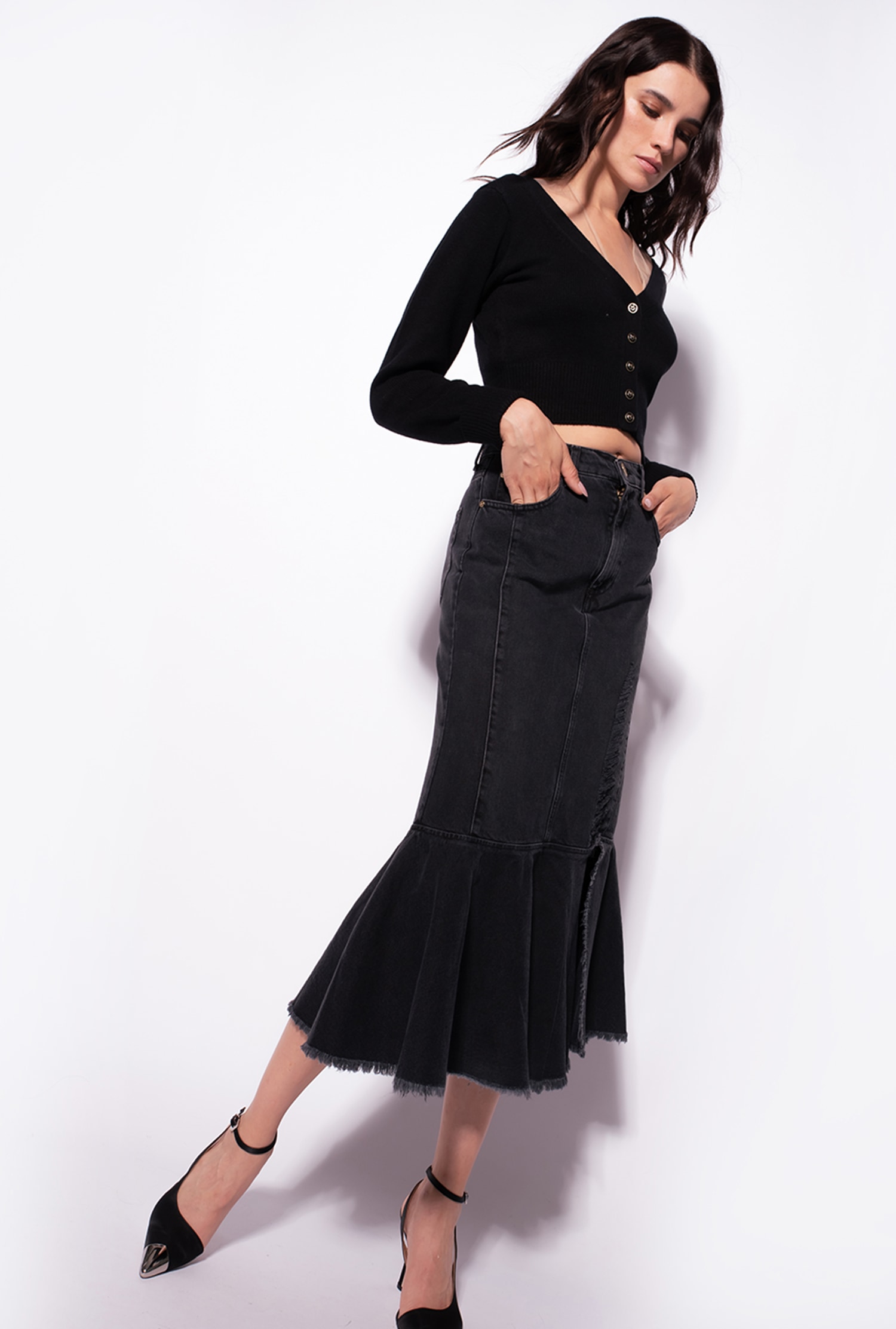 Black denim midi skirt