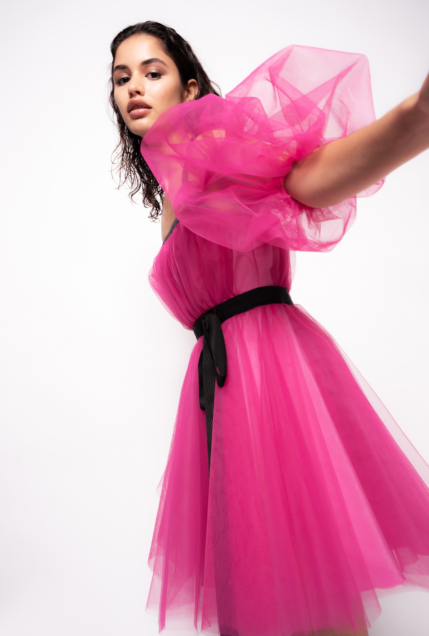 Tulle mini dress with balloon sleeves