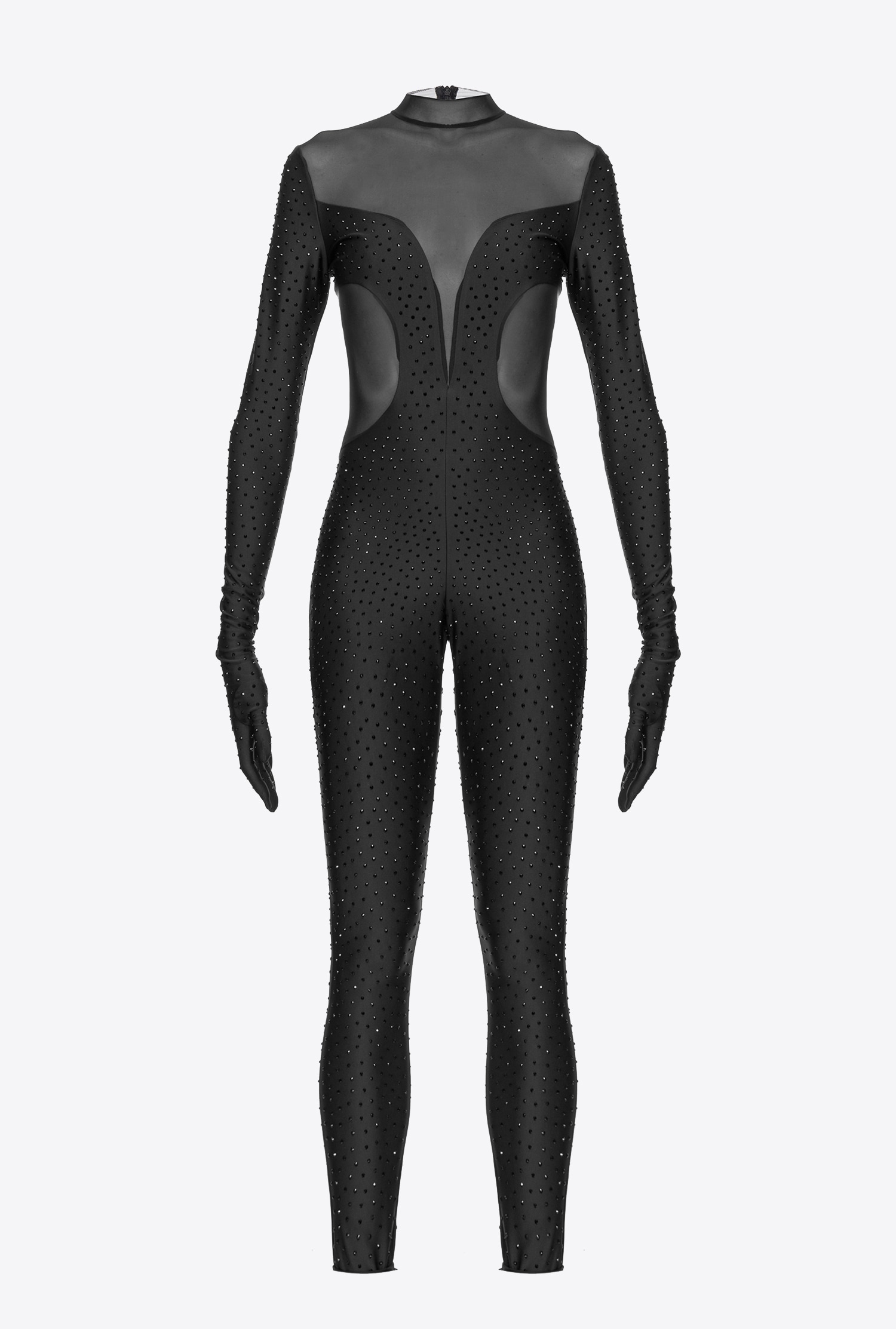 Fully rhinestoned tulle and jersey jumpsuit