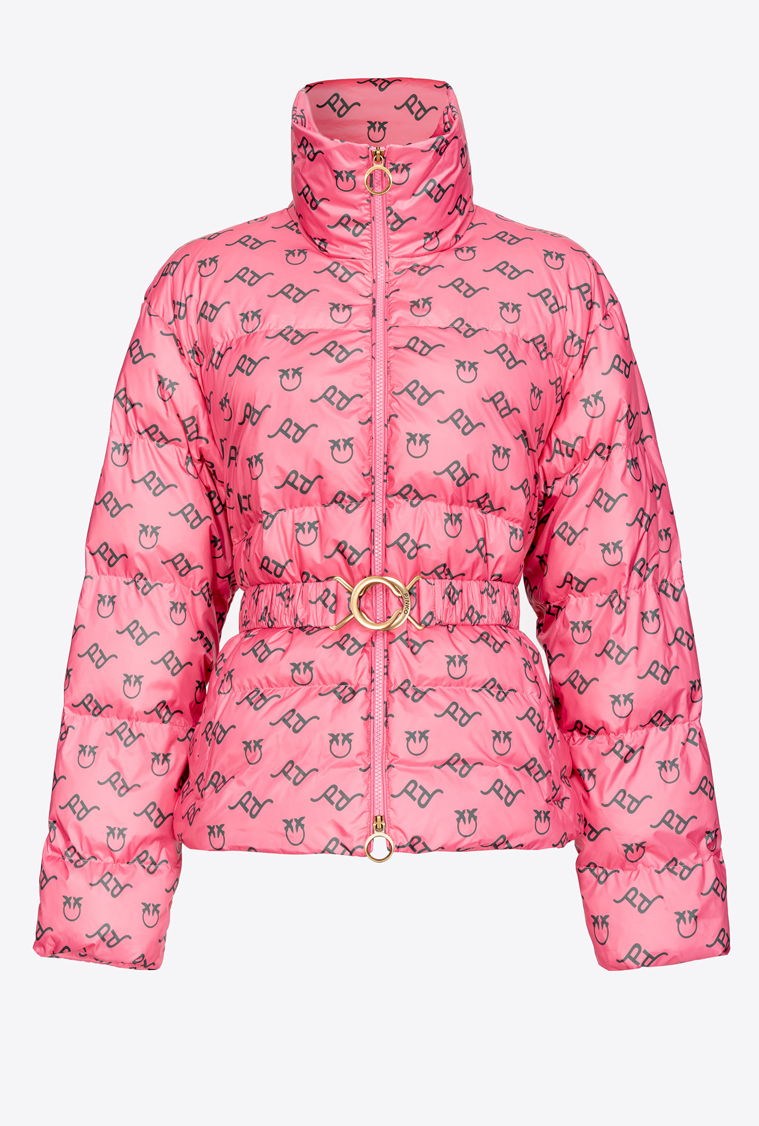 Logo print down jacket with belt