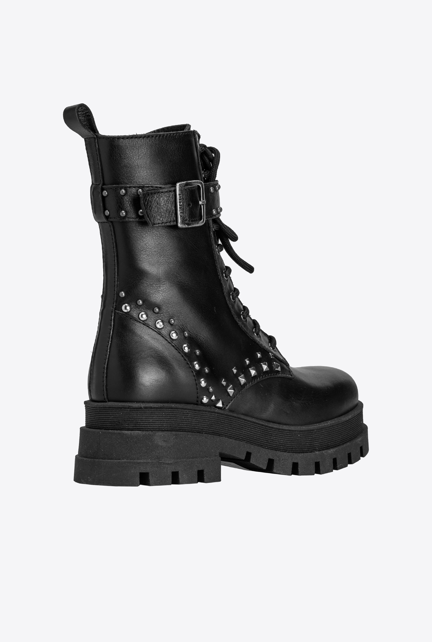 Leather combat boots with strap and studs
