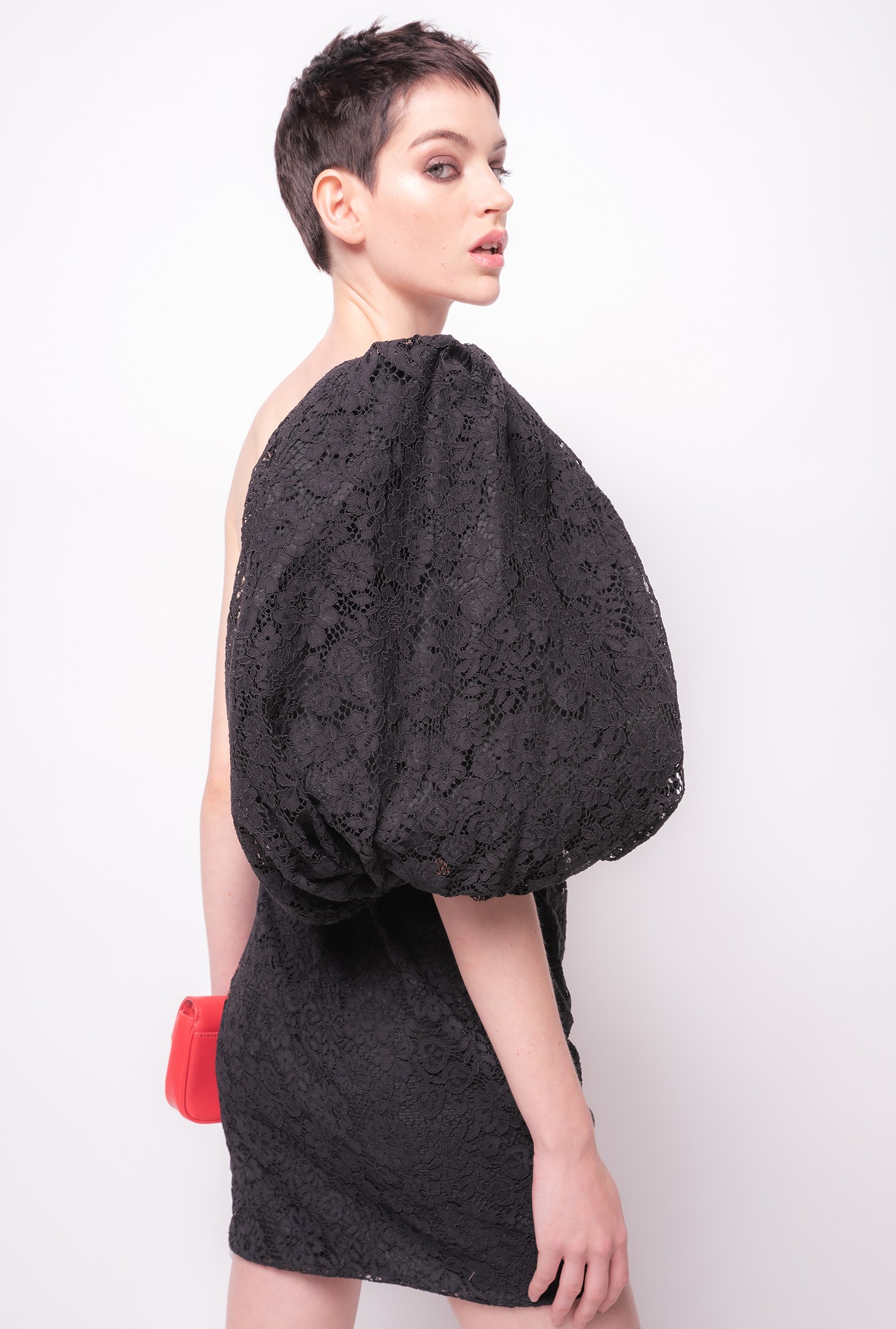 One-shoulder lace mini dress