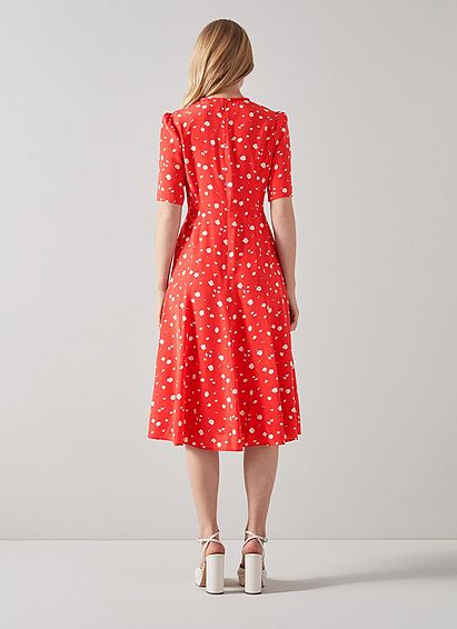 Montana Red Naive Flower Print Silk Tea Dress