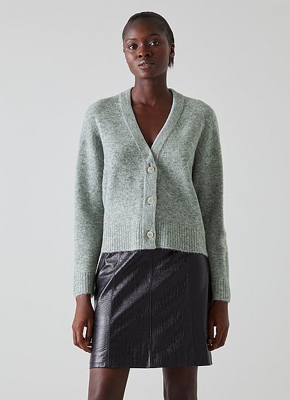 Katharina Grey Wool-Blend Crystal Button Cardigan
