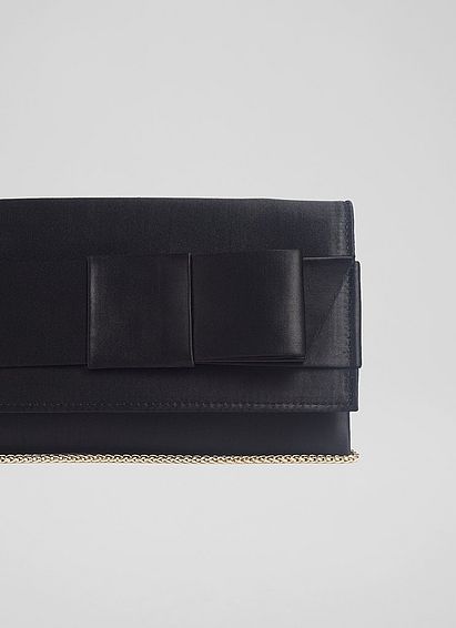 Catalina Black Satin Bow-Detail Clutch
