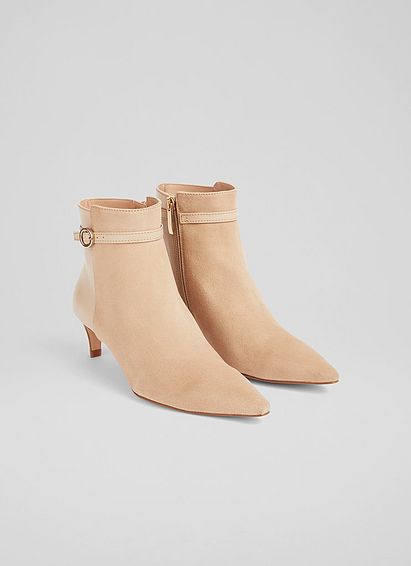 Alma Beige Suede and Leather Buckle-Detail Ankle Boots