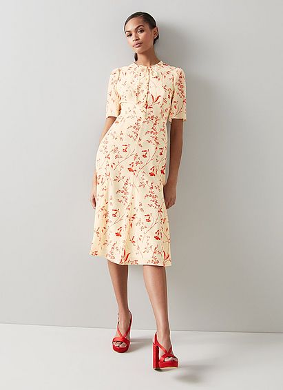 Montana Cream Botanical Print Silk Tea Dress