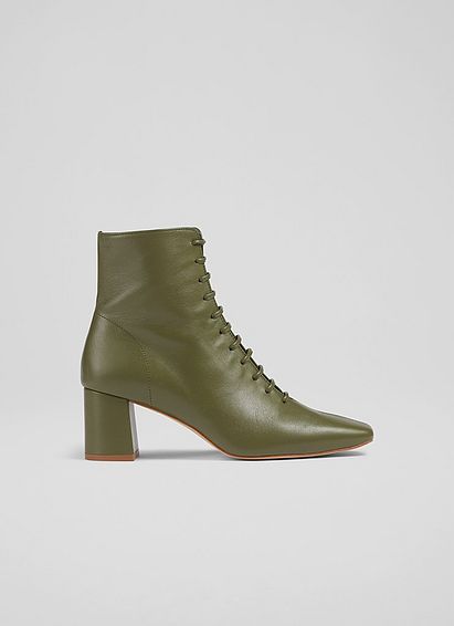 Arabella Olive Leather Lace-Up Ankle Boots