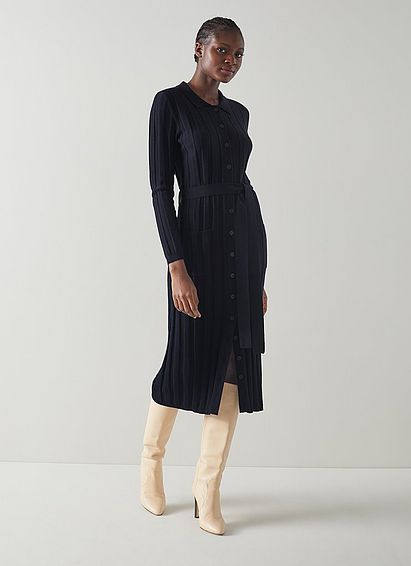 Ali Navy Wool-Cotton Ribbed Knit Dress