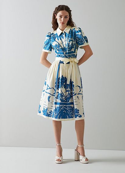Fellini Blue and Cream Tropical Print Cotton Shirt Dress