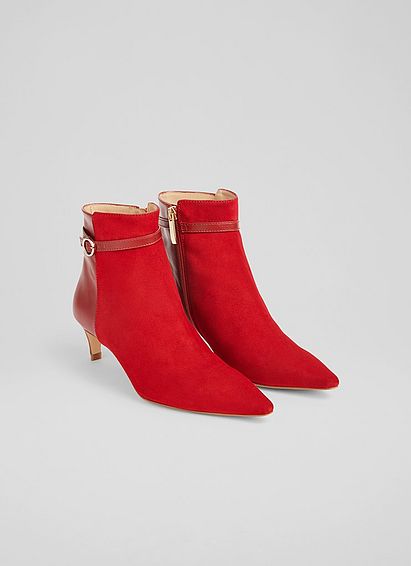 Alma Red Suede and Leather Buckle-Detail Ankle Boots