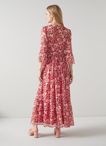 Lourdes Red Silk English Rose Print Maxi Dress